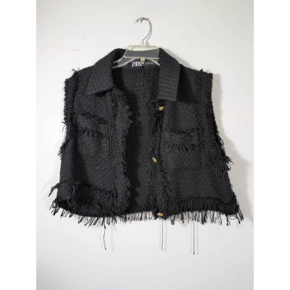 ZARA‎ WOMEN'S LARGE TWEED FRAYED BUTTON UP VEST CROPPED